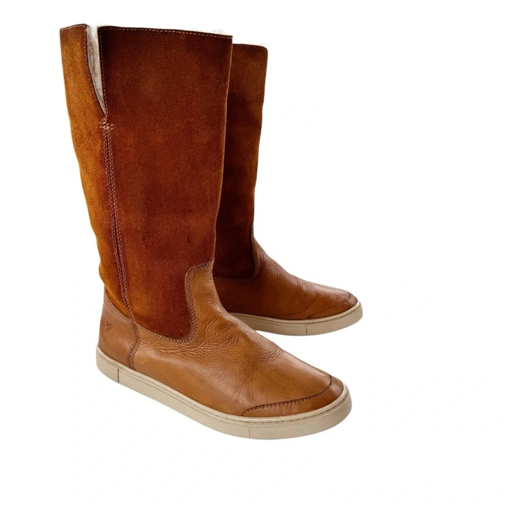 Frye Gemma Tall Shearling Boots Suede and Leather Cognac Size 8.5